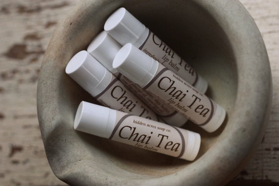 Chai Tea Lip Blam. Handmade with Beeswax, Rosehip, Sweet Almond and Camelina Oils.  Shea Butter Lip Balm.