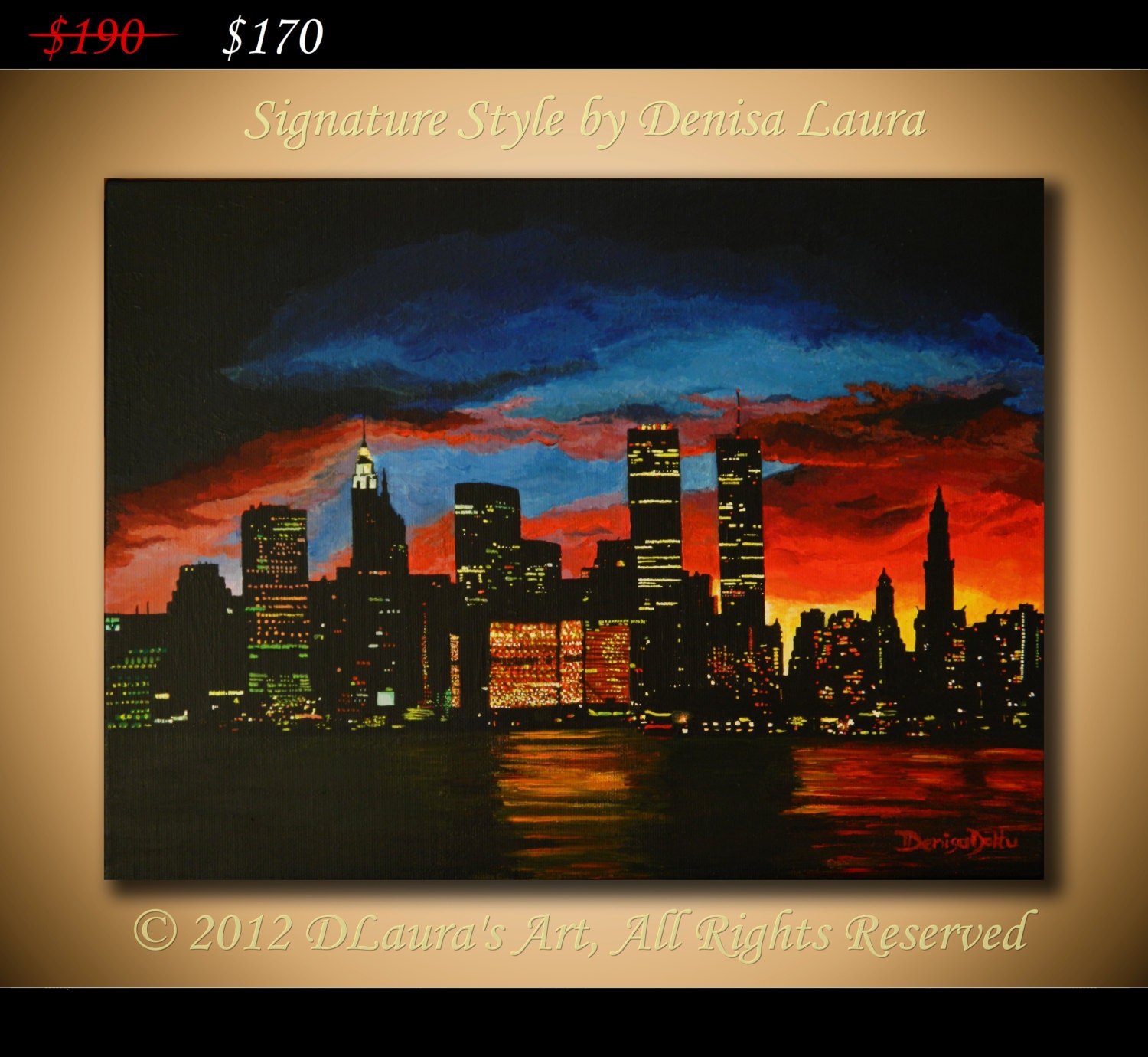 New York in Glory Days ORIGINAL landscape cityscape skycraper fine art painting on 12x16 canvas by Denisa Laura