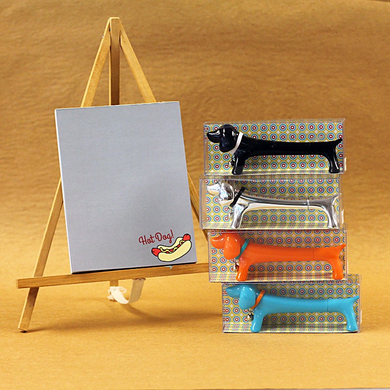 Hot Dog Notepad and Dachshund Pen Set // Jingle Dog Pen in Four Colors // Doxie