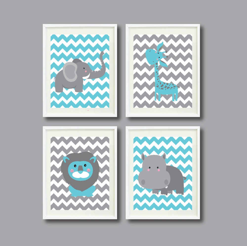 Safari Nursery Art Print Set of Four 8x10-Giraffe, Elephant, Hippo, Lion-Aqua Blue & Grey/Gray OR Choose Colors-Chevron Stripes-Zoo Animals