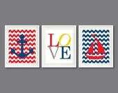 Nautical Chevron Print Set-Three 11x14-Nursery, Kids Room, Home Decor-Red, Blue, Yellow and Grey OR Choose colors-Anchor, LOVE, Boat