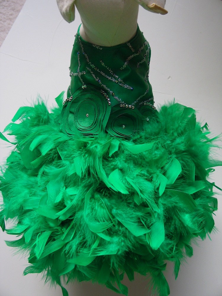 Items similar to Green Dog Dress Beaded Swarovski Crystals Feather Tutu