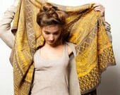 ON SALE Yellow and grey Woman scarf, Handprinted women long shawl, Summer fashion, Art to wear by Dikla Levsky