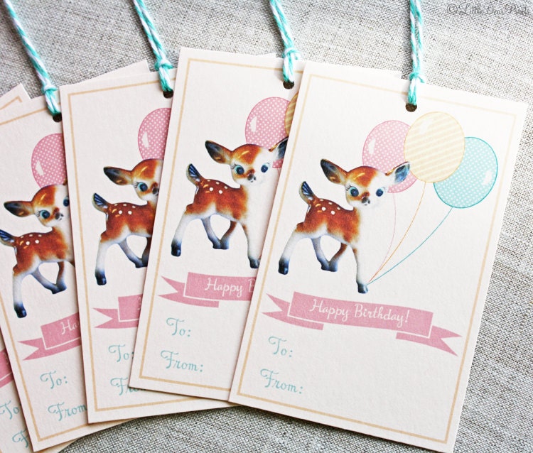 12 Vintage Style Balloon Deer Gift Tags- Birthday Party Deer Tags- Kawaii/Kitschy