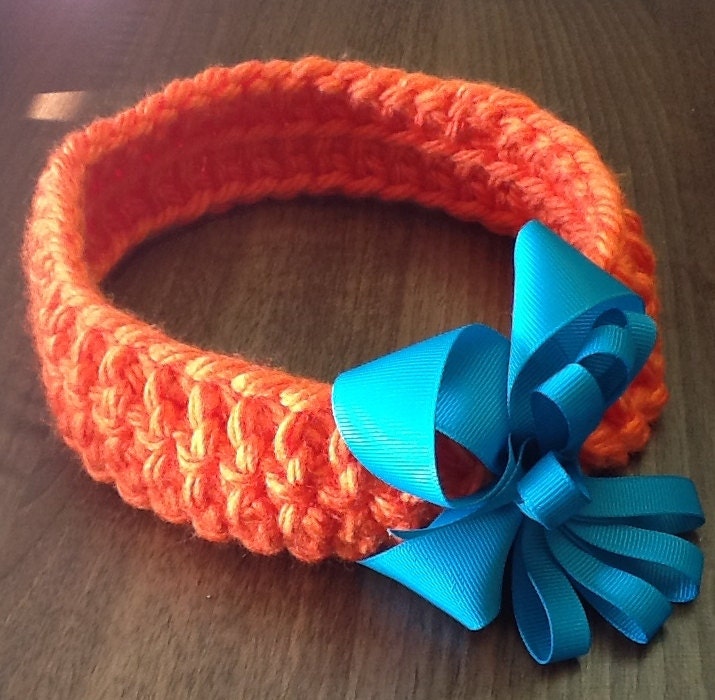 Orange Baby Headband, Crochet Chunky Baby Headband, Blue Bow Headband - BabyBunnyCreations Orange Baby Headband, Crochet Chunky Baby Headband, Blue Bow Headband - BabyBunnyCreations