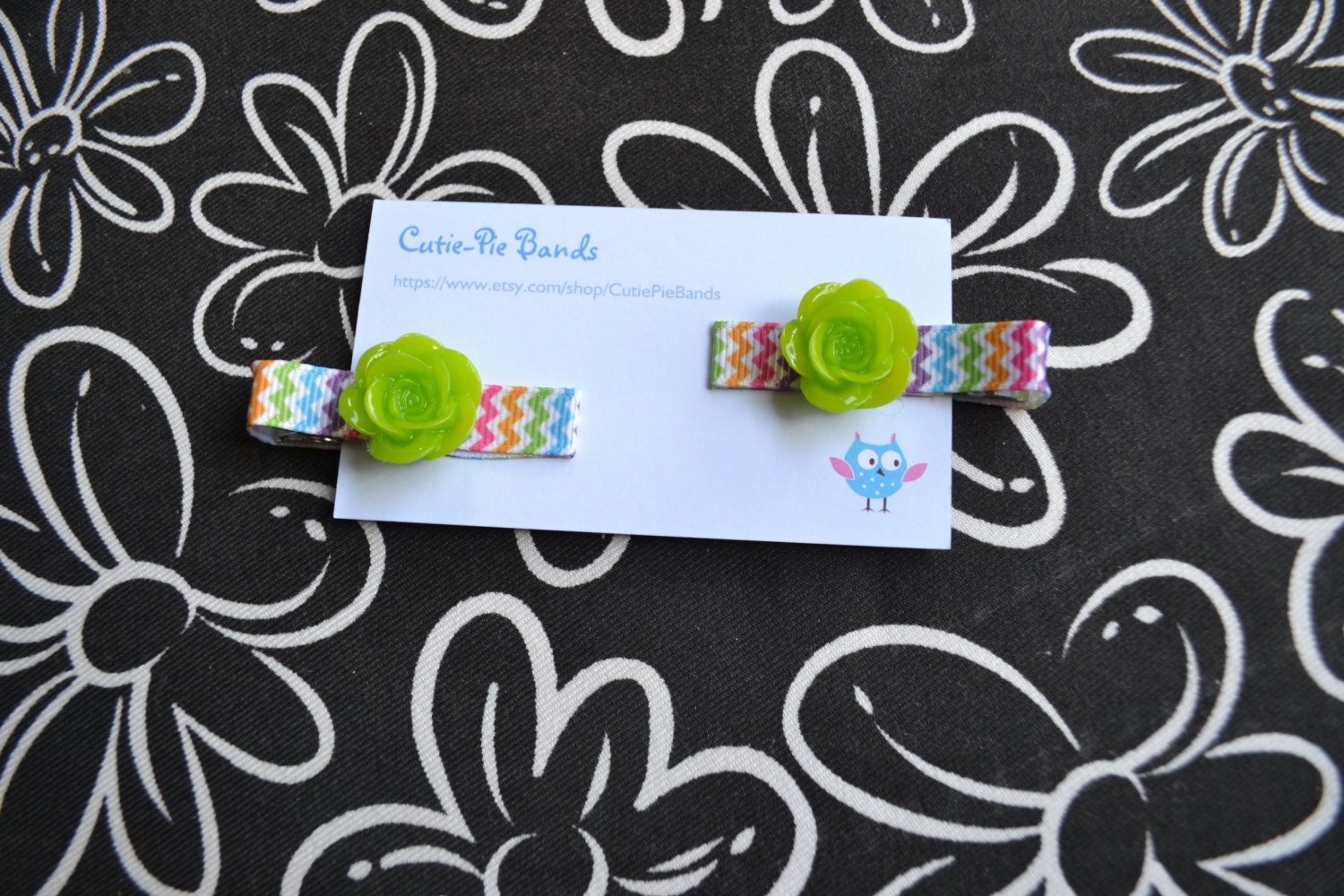 Baby Hair Clips, Set of Two, Rainbow Chevron with a Cabochon Flower, for Girls and Adults