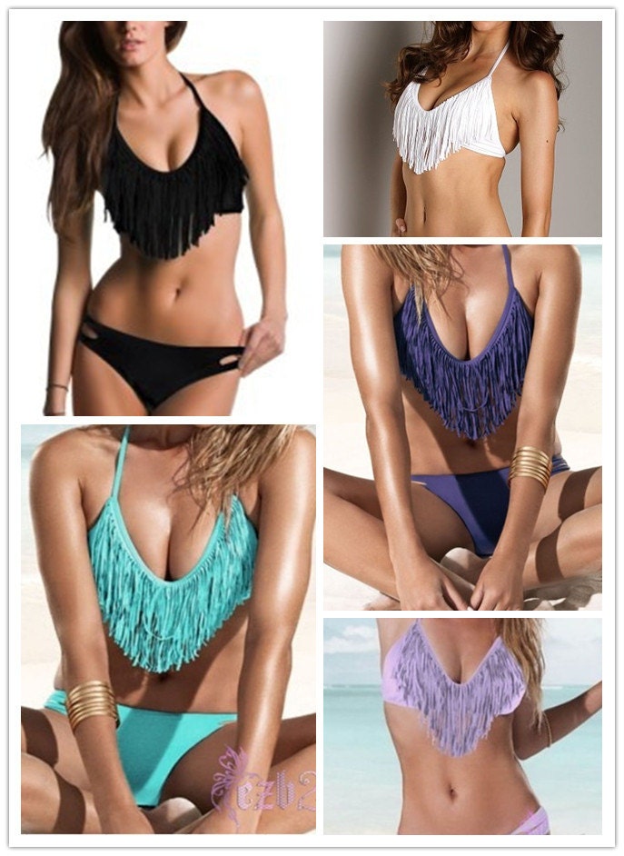 Hot 2 pcs V-Neck Tassel Padded Bandeau Fringe BIKINI BEACH Women Swimsuit Swimwear set