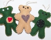 Scented Wool Teddy Bear Ornaments SET OF 3 Christmas Tree Upcycled Vintage Blanket Felt - Irish Green Beige - 5"