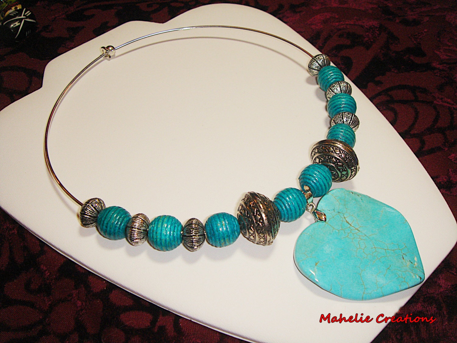 Chunky turquoise beaded necklace, big bold  wire necklace, turquoise heart pendant necklace, statement necklace, summer jewelry