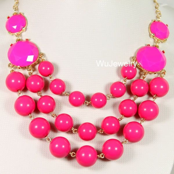 NEW Statement Necklace,Fuchsia 3 Layers Necklace, Bib Necklace,Bubble Necklace-BN0372