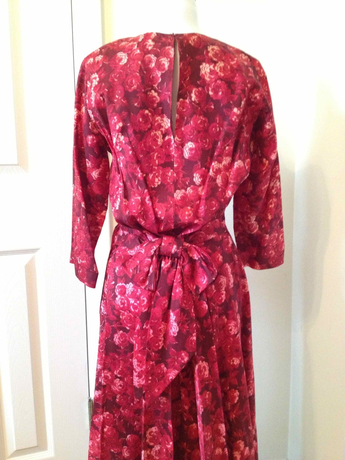 25% sale: 1950s Vintage Red Silk Floral Cocktail Dress