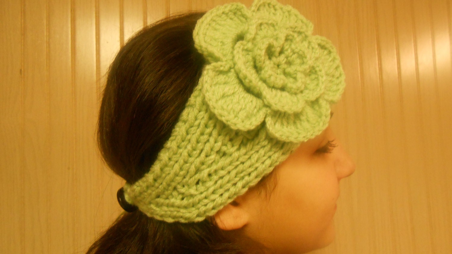 Hand knit headband - mint  Head Band with crochet Flower