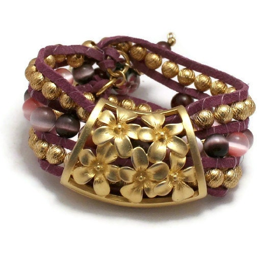 Pink, Purple, Fuchsia, Gold Beaded Cuff Bracelet, Beaded Cuff Bracelet, Suede Cuff Bracelet