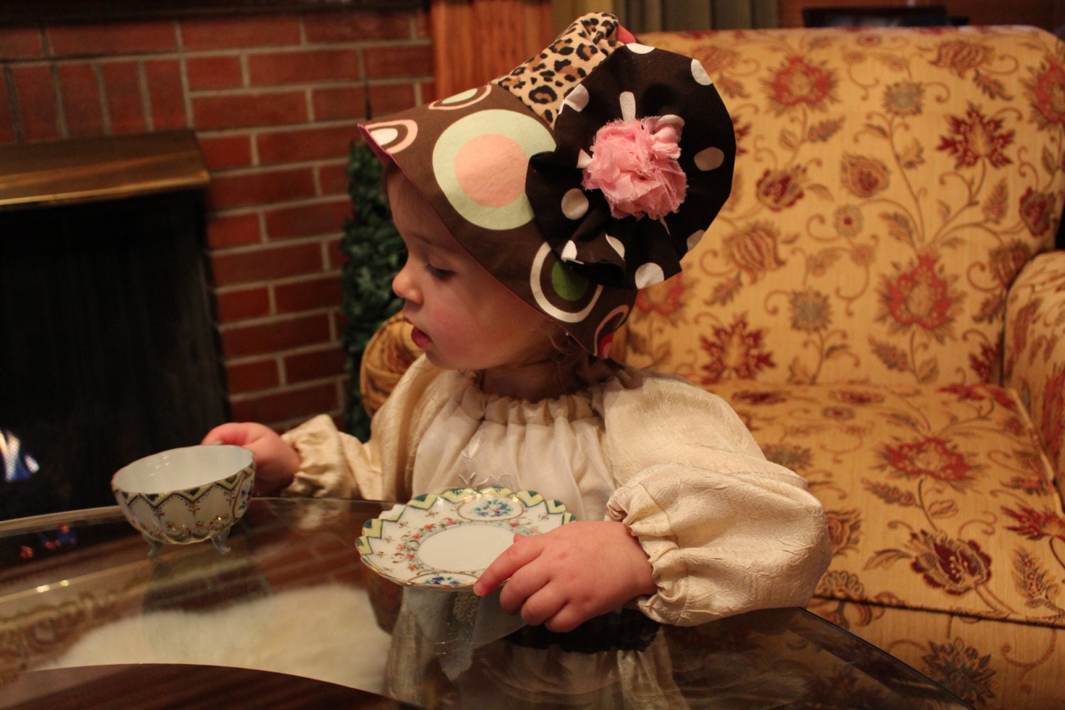 Girls Spring and Easter Fancy Boutique "Shabby Chic" Hat In Browns And Hot Pink With Chiffon Roses And Polka Dots