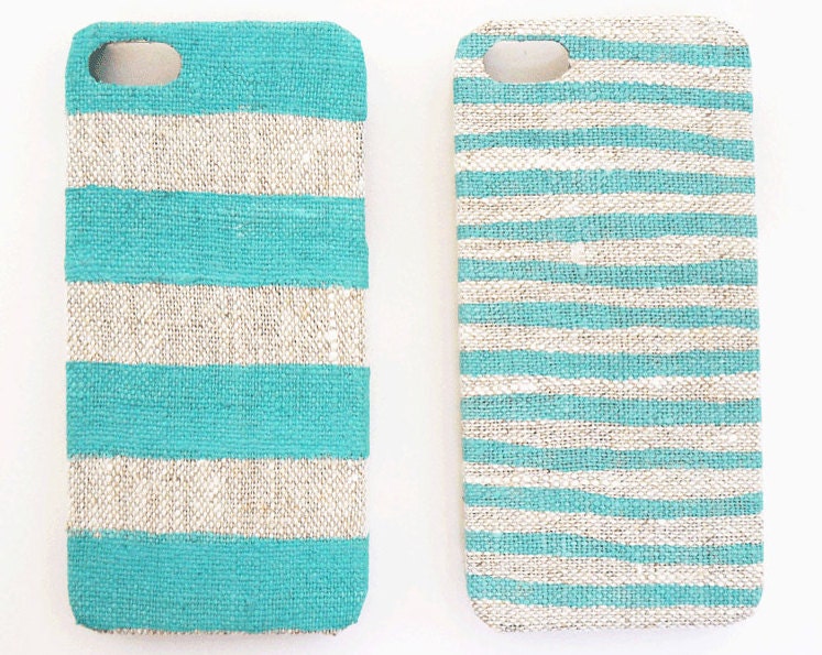 Iphone 5 case mint stripes on natural linen