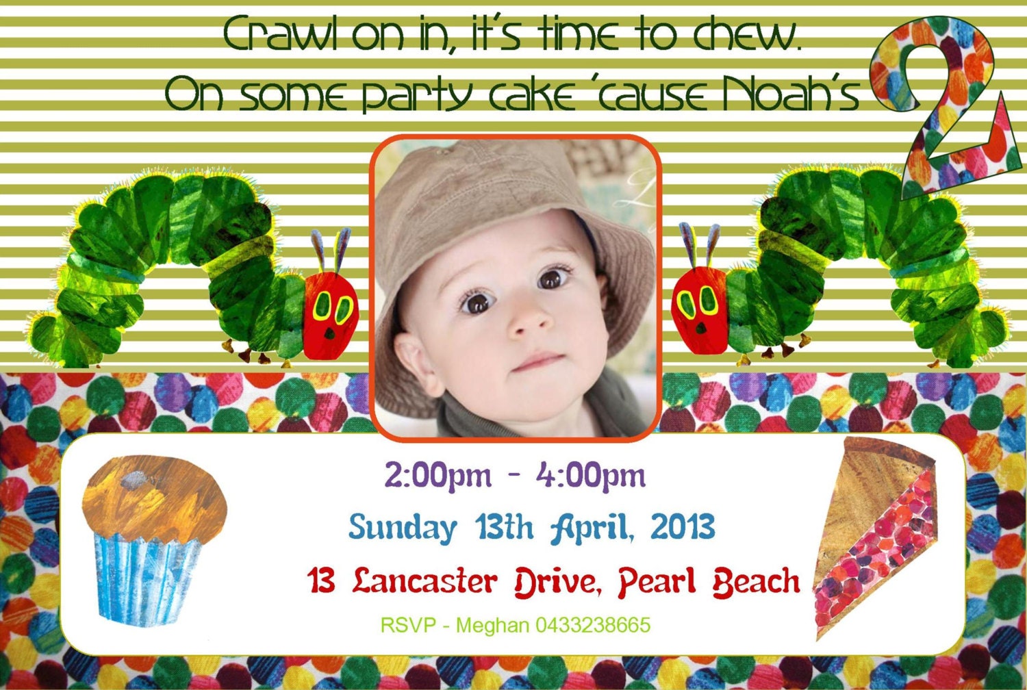 Very Hungry Caterpillar Birthday Party Invitation for children kids includes photo printable DIY stripes