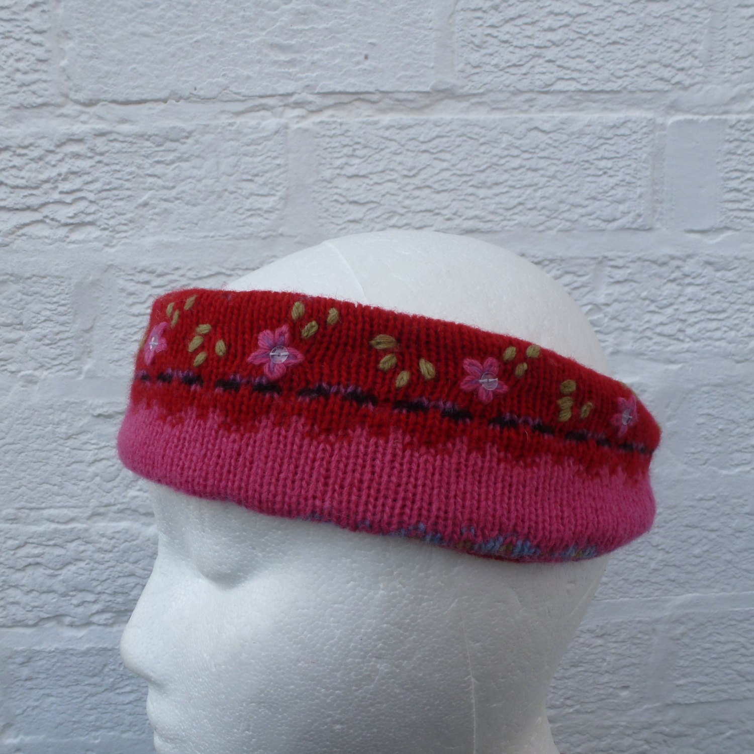 Pink Sequin Flower hairband. Red, purple, green and black earwarmer headband.