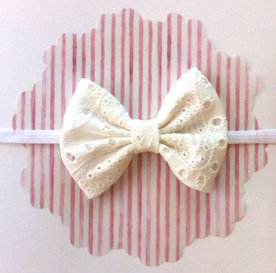 Baby Bow Headband- Eyelet Lace bow on White Elastic or clip