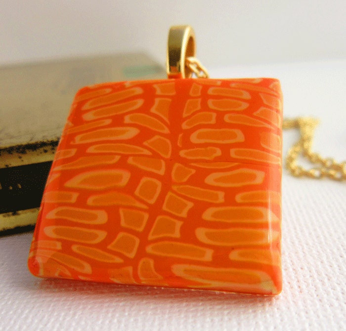Orange geometric polymer clay pendant necklace, Handmade square pendant, Orange and gold, Gifts for teens and women