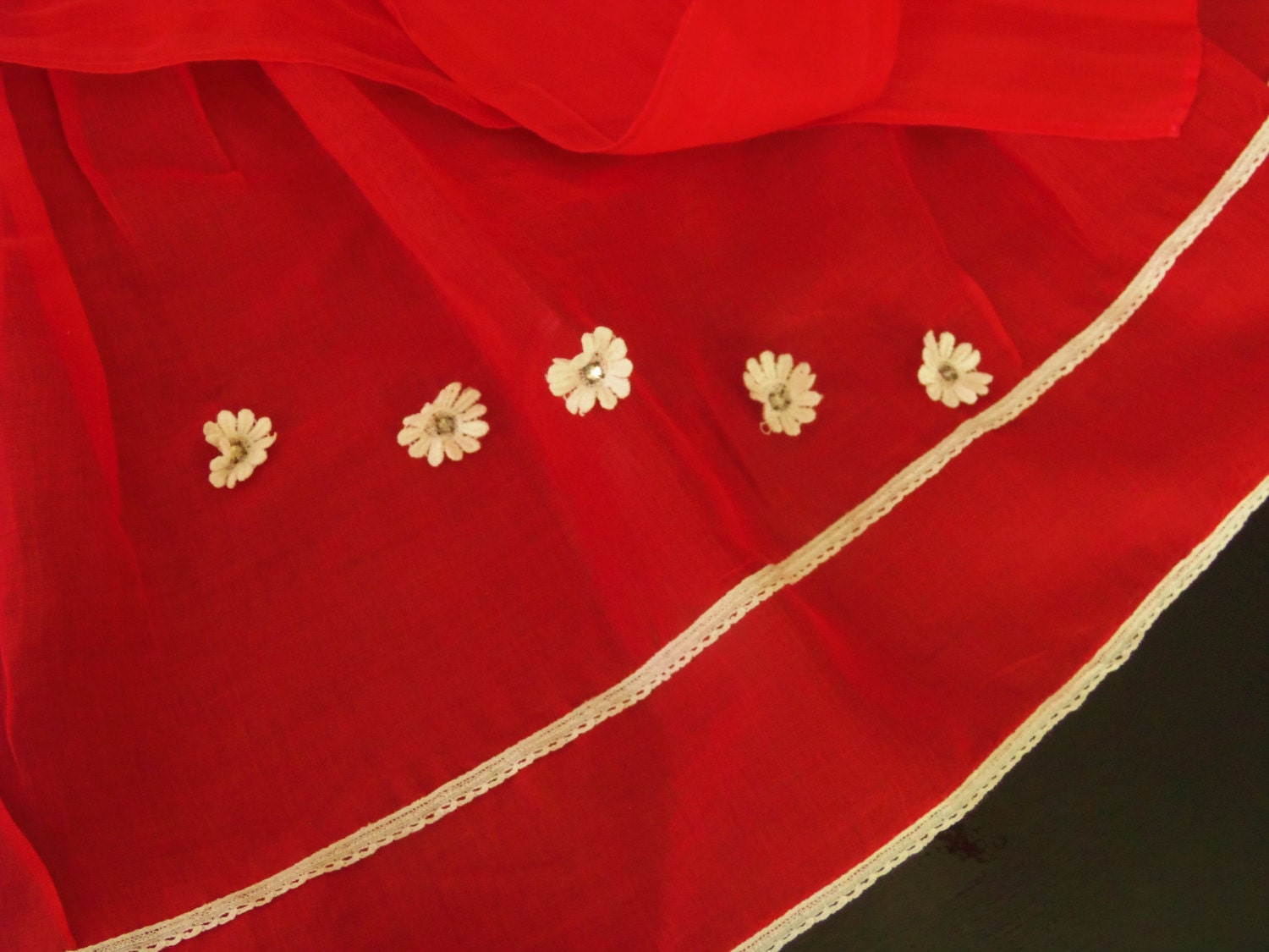 Vintage Red Half Apron Women's Handmade Rhinestone Flowers Cooking Kitchen Clothing Home Living Dining Entertaining by picadillymarket