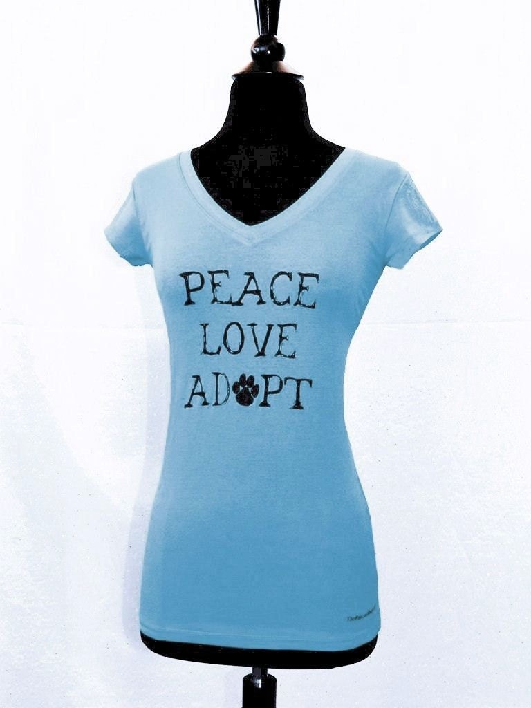 Peace Love Adopt - Ladies Tshirt baby blue & medium blue - Sizes S - L