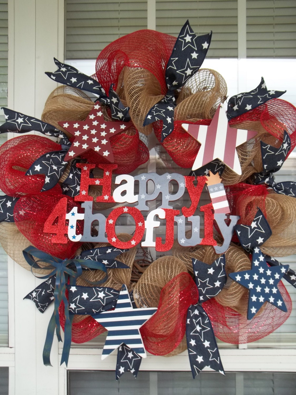HAPPY 4th of JULY -  Vintage  Americana  Patriotic  Holiday  Star  Wreath  Decoration