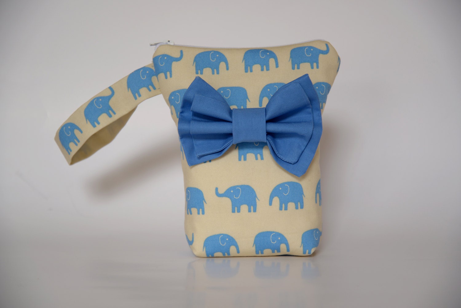 Accessory Pouch Cosmetic Case MakeUp Bag Lens Pouch Zippered Blue Elephant with Blue Double Bow
