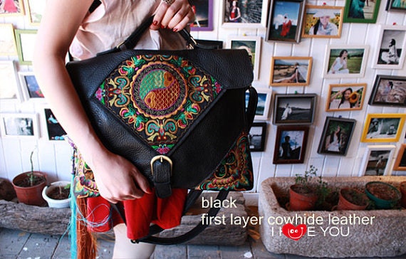 black first layer leather shoulder bag Hmong/Tribal style, with vintage embroidered piece, vintage redesign