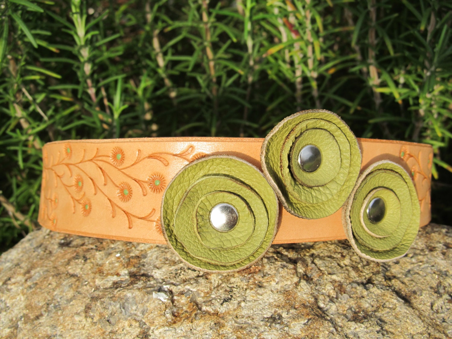 Hand Painted Tooled Leather Headband - Trailing Floral Vine with Green Flowers