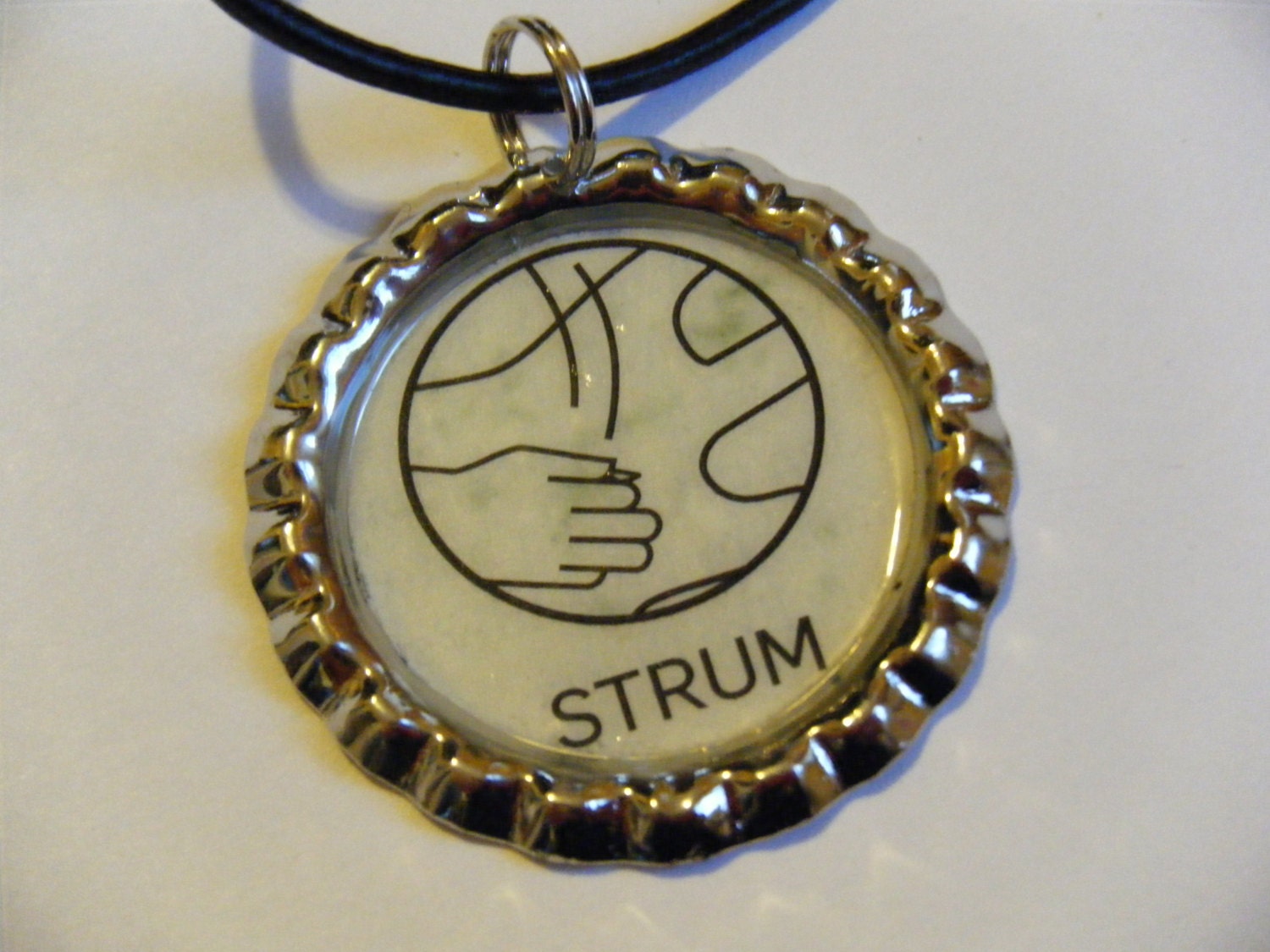 OOAK Geekery Recycled Material Guitar Strum Musician Music Metal Bottlecap Pendant Necklace Upcycled Repurposed Eco Band Instrument Jewelry
