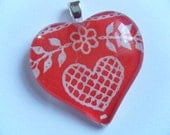 Red and White Vintage Heart Recycled Material Glass Tile Pendant