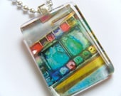 Artist Paint Palette Glass Tile Pendant Colorful Watercolor Art Painting Recycled Paper Material Necklace Jewelry