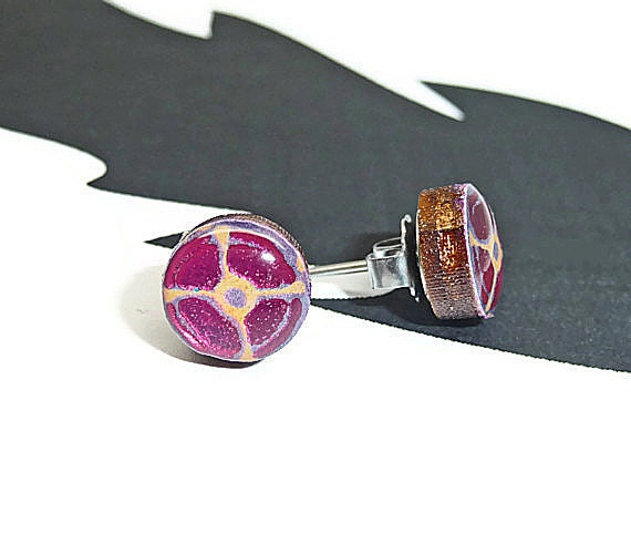 Round wooden stud post earrings metallic hot pink purple and orange design