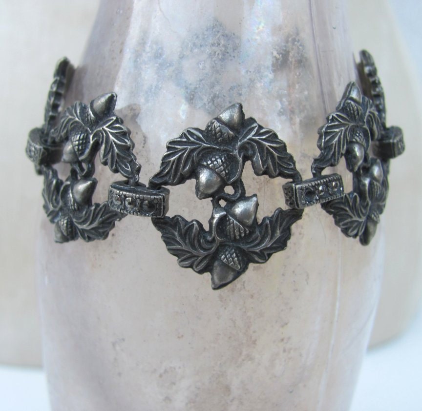 antique art deco bracelet  chunky marcasites acorn floral ornate metal jewelry antique jewelry pretty 1920s 1930s 1940s 75 to 100 years m58 - AntiqueJewelrySupply