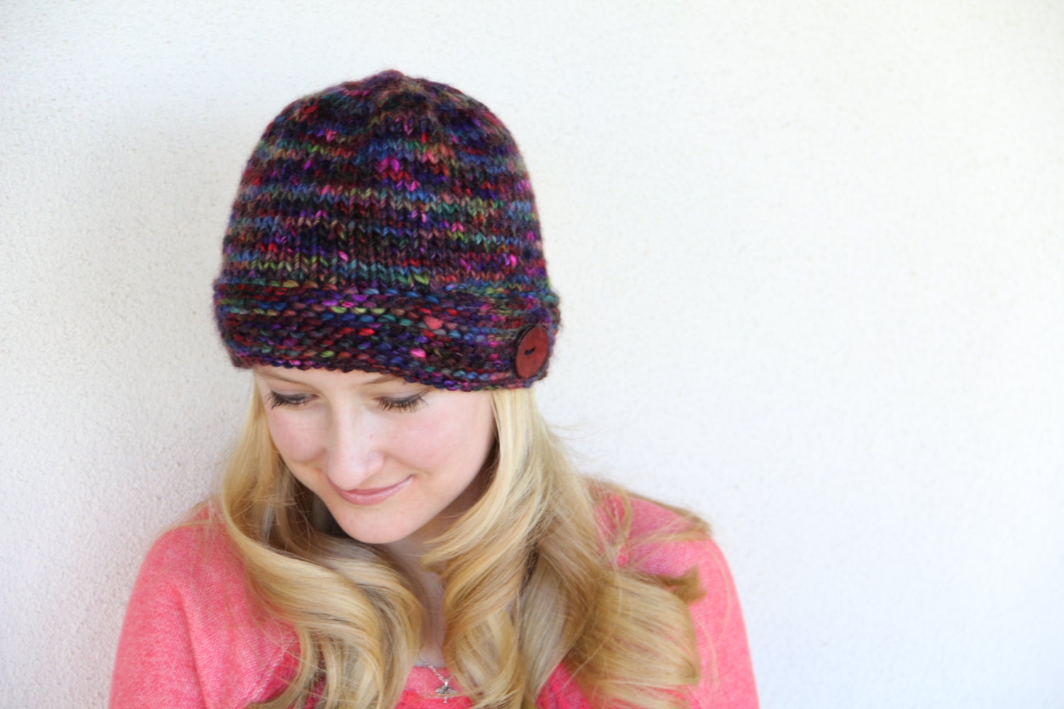 Cute Knit Hat Beanie with Button, Knit Hat for Teen Girls, Hand Knit Hat with Button, Women's Winter Hat Teen, Warm Hat