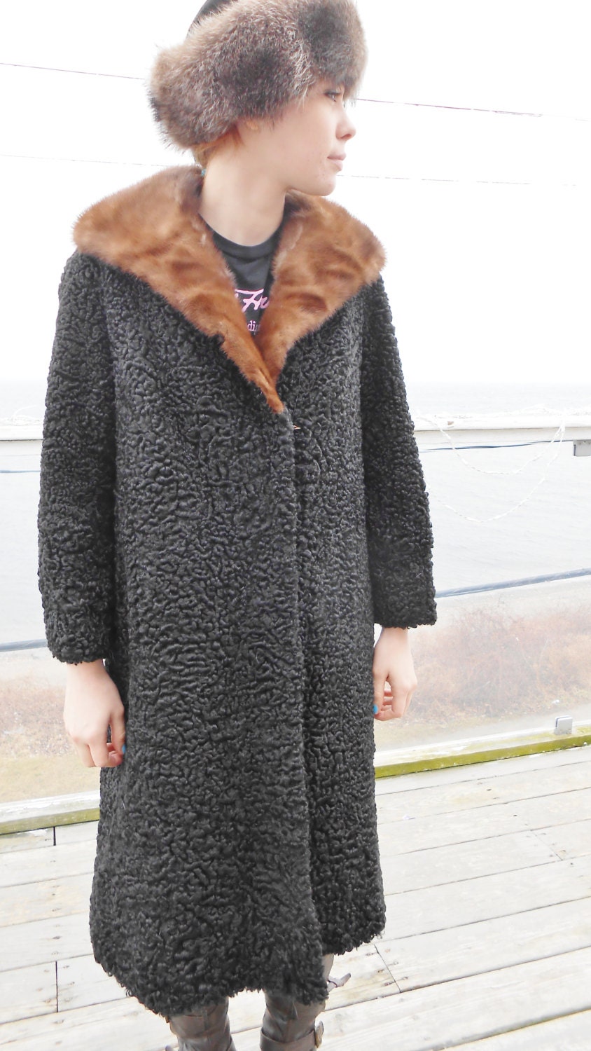Beautiful Black Persian Lamb Coat Whiskey MINK Collar Medium