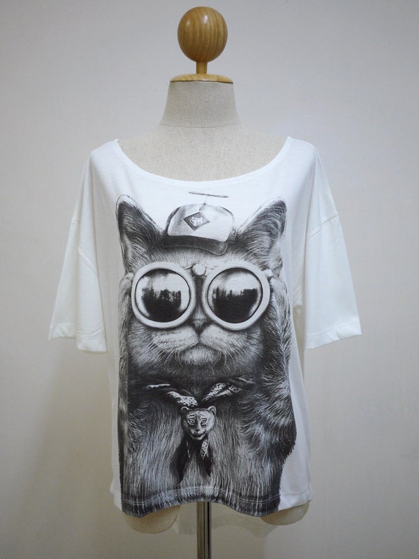 Scout Kitty (Size L) : Scout Cat Glasses Animal Style Women T-shirt White Short Bat Sleeve Screen Print Cotton