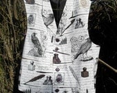 Black And White Mens Waistcoat Vest Antique Bird Feather And Quill Printed Cotton