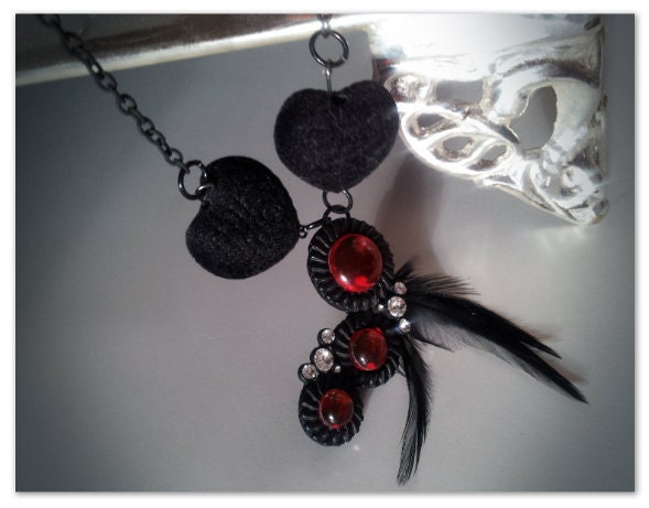 Raven- Triple red bubble charms feathers felt hearts necklace victorian elegant chic goth edwardian nouveau black boho noir jewelry