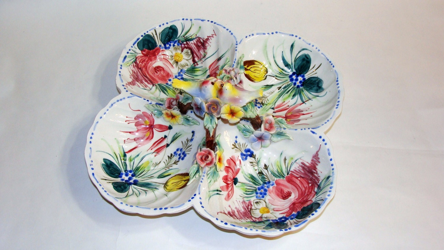Vintage Italian Art Pottery Hand Painted 4 Part Relish Tray Server Spring Birds Flowers