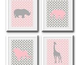Nursery Wall Decor-Kids Room Art Prints-Set of 4 Prints for Nursery Gray and Pink Zoo Safari Animals Print Set