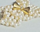 Double Strand Faux Pearl Necklace, Gold Tone and Rhinestone Clasp, Vintage Costume Jewelry