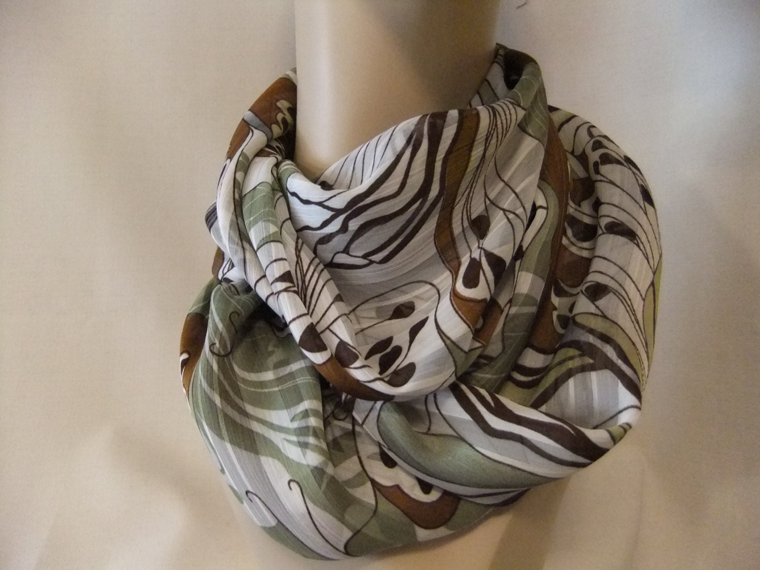 Infinity Scarf Handmade Soft Light Nylon Acrylic Fabric Blend White Brown Pale Green Circle Loop Scarf Accessory Spring Summer Fall Winter