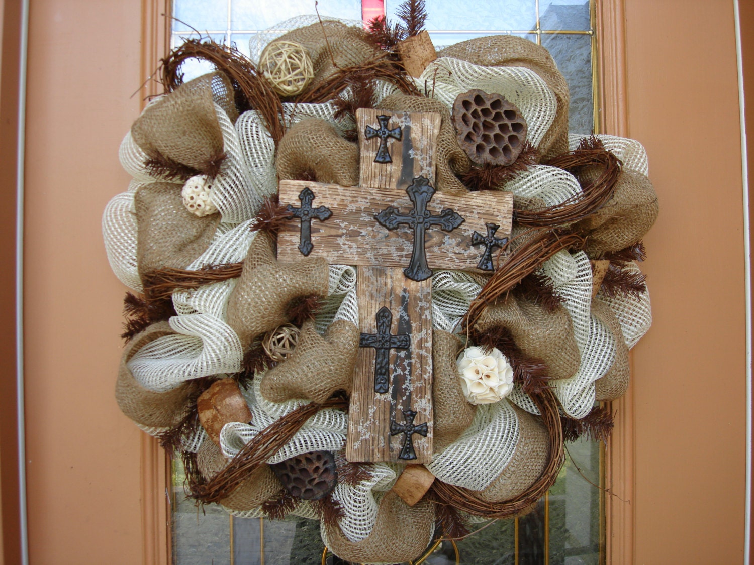 Deco Mesh and Natural Burlap Cross Wreath