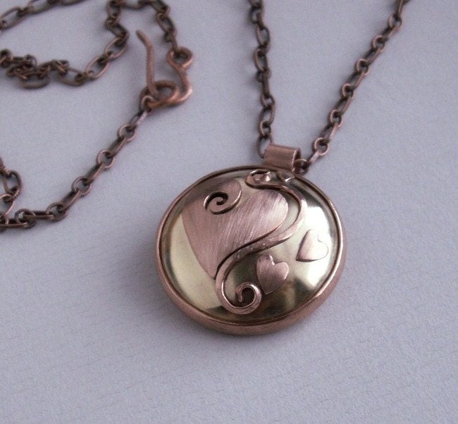 Copper heart pendant  handmade , round pendant , metalwork , long chain  pendant , Mother's Day jewelry