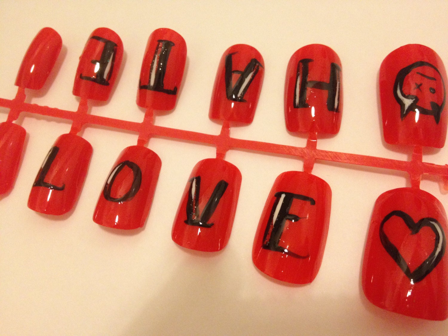 Love Hate Tattoo inspired false nails red & black hand painted