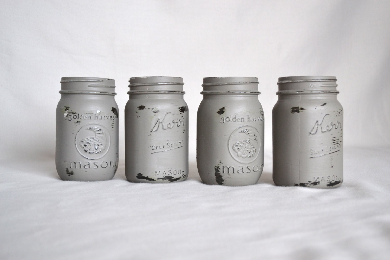 Hand Painted Gray Mason Jars - Set of 4