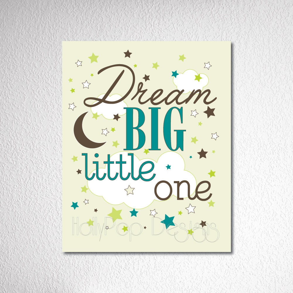 Dream Big Little One Nursery Decor Teal Brown Moon Stars Typography Digital Art Print Artwork Baby Boy Bedroom Kids playroom Wall picture