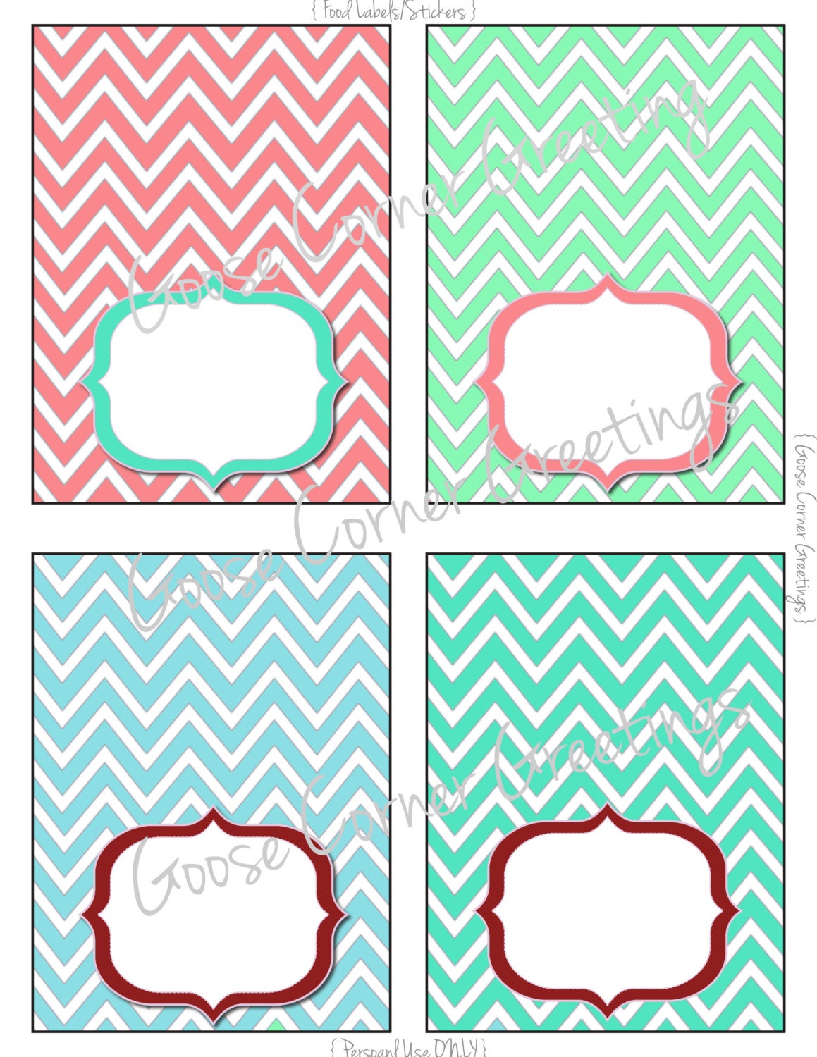 DIY Instant Download Chevron  Food Labels/Table Tents, Pink, Green, Teal, Blue