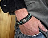 Antique Silver Concho, African Turquoise, Hematite 3 Rows Black Leather Beaded Cuff Men's Bracelet